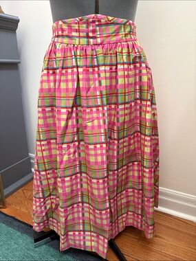 Colorful Pink Plaid Midi Skirt with Gathered Waist